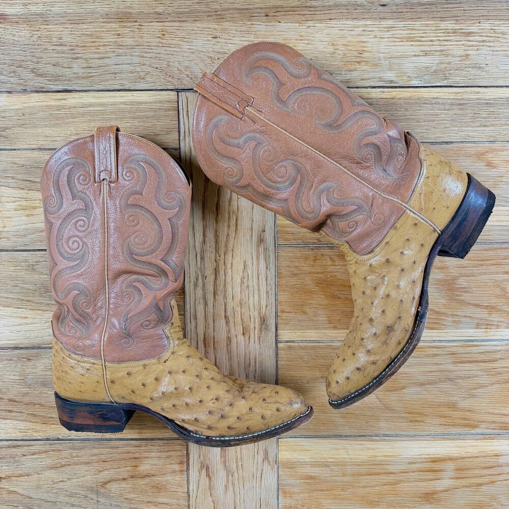 Vintage Tony Lama Ostrich Western Cowboy Boot Men 12EE (FitSmall) Tan Brown READ